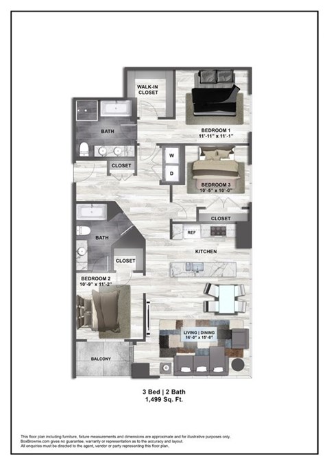 Floor plan for 3 beds, 2 baths, 1499 sqft